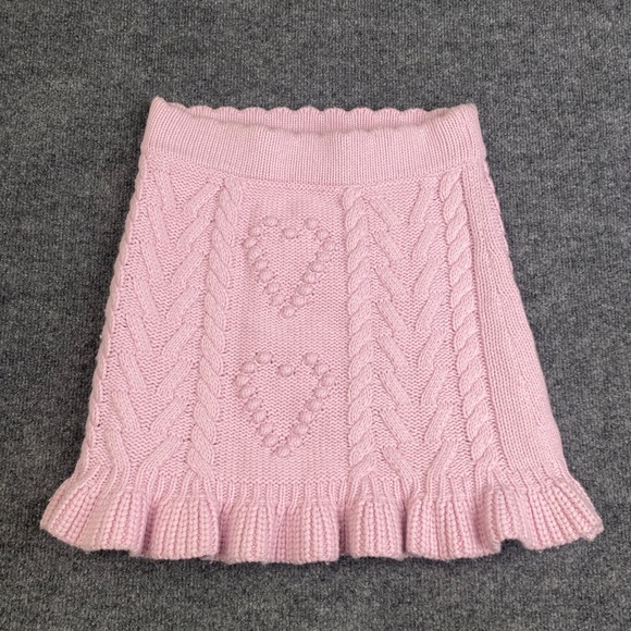 LoveShackFancy Dresses & Skirts - LoveShackFancy Pink Cable Knit Heart Mini Skirt Ruffle Hem Small Barbiecore